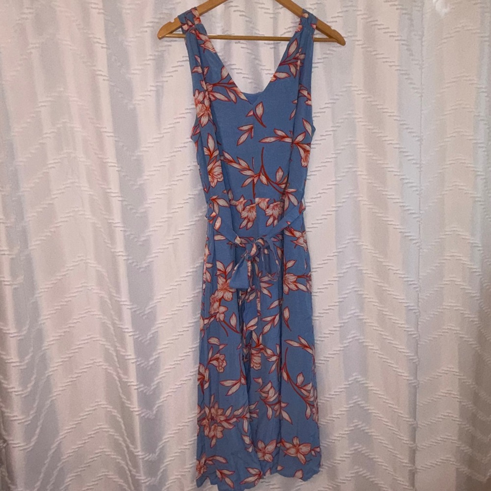 Talbots Petite Blue Floral Sleeveless Midi Dress Tie Waist 12P VN5772